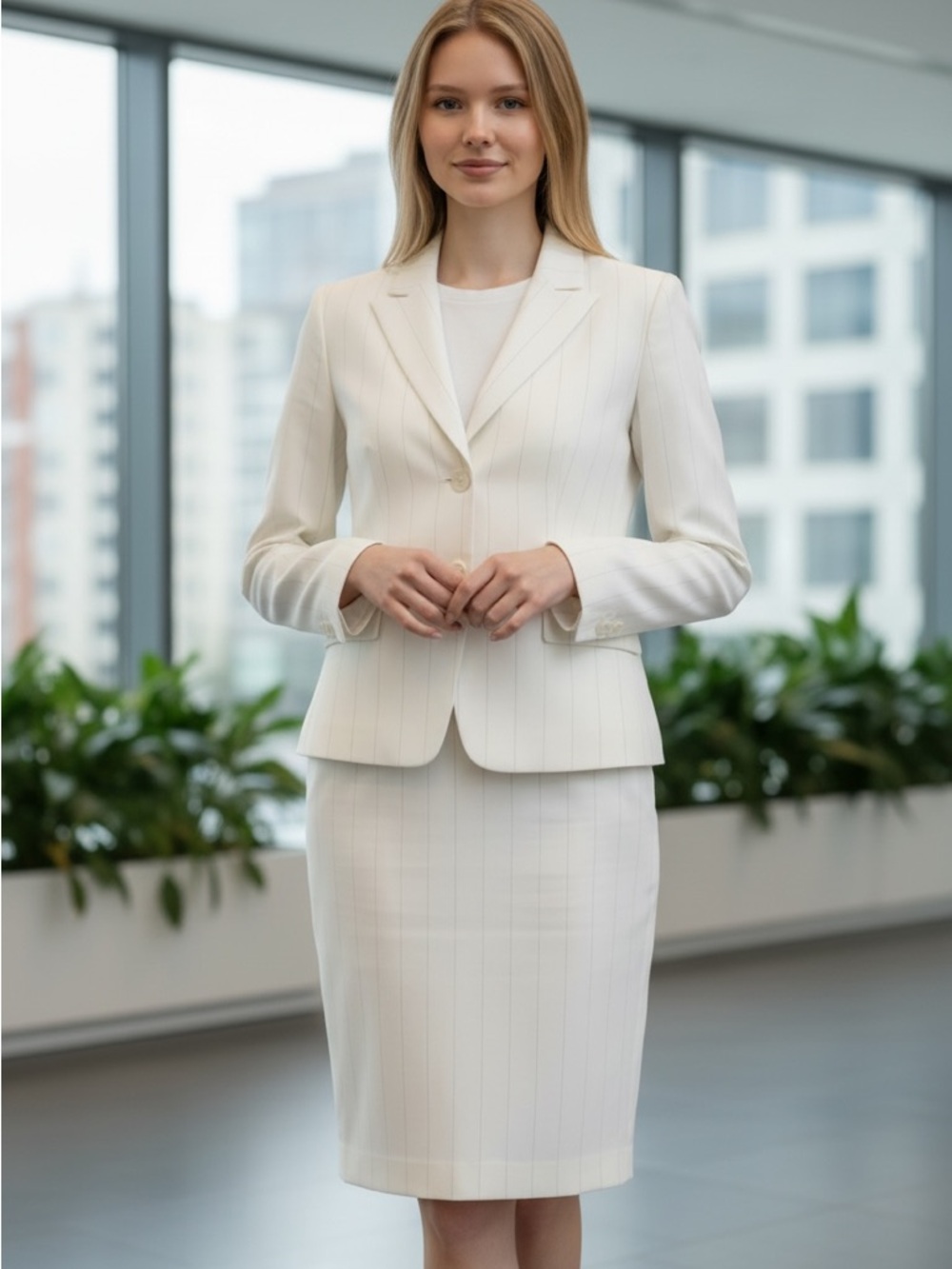 Classic Women's White Pinstripe Blazer and Skirt